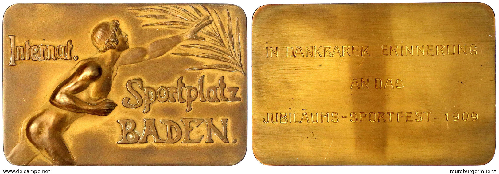 Rechteckige Bronze-Preisplakette 1909 Von Jauner. Internationaler Sportplatz Baden, Jubiläumssportfest. 70 X 46 Mm. Im O - Gouden Munten