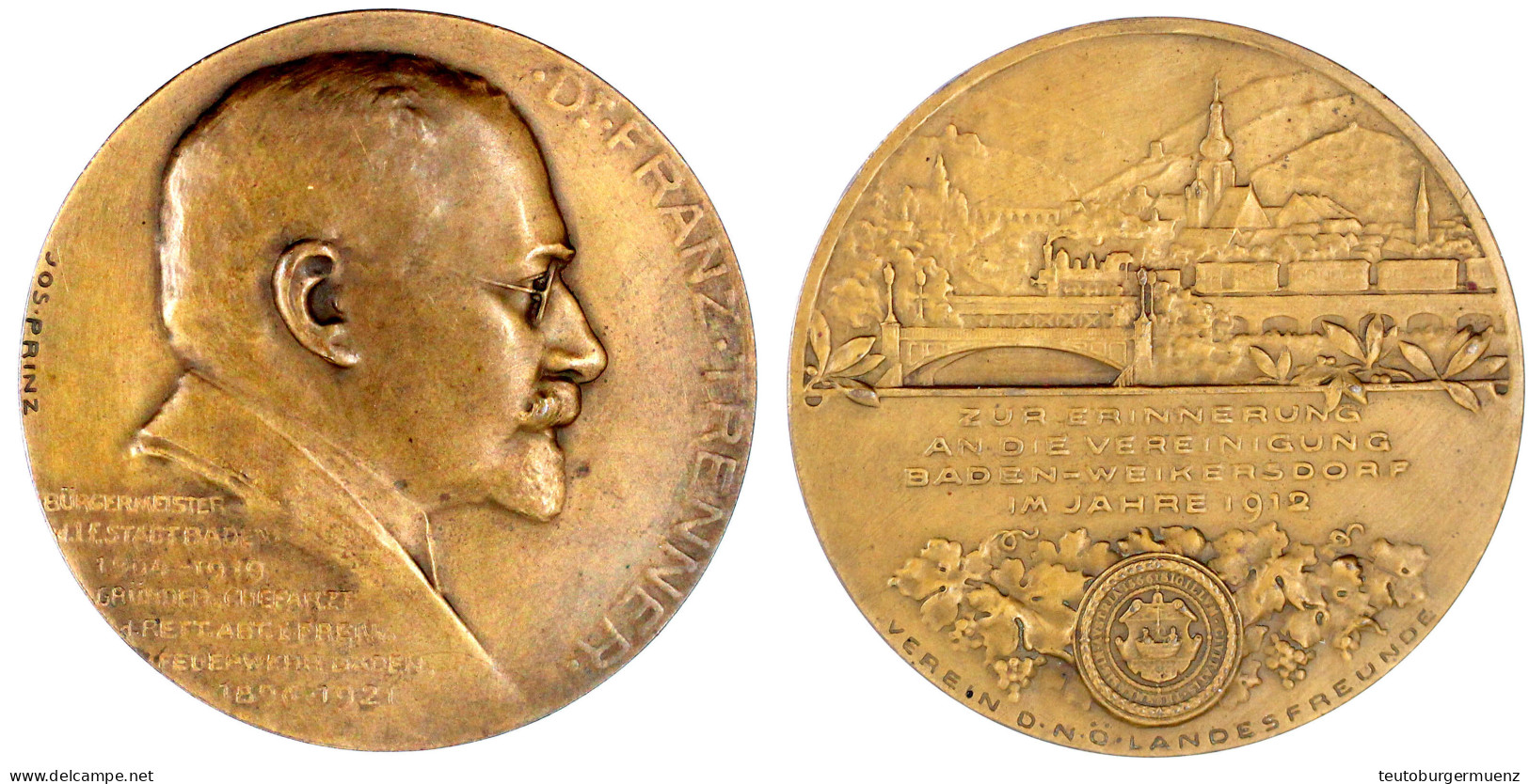 Bronzemedaille 1921 Von Prinz. Dr. Franz Trenner, Bürgermeister Der Stadt Baden Bei Wien. 60 Mm. Vorzüglich - Gouden Munten