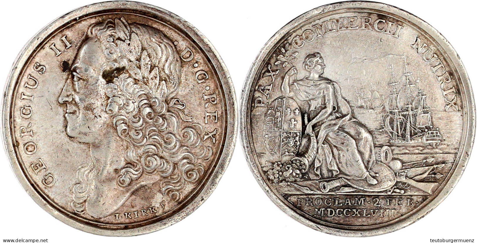 Silbermedaille 1748 Von J. Kirk, Auf Die Friedenverhandlungen In Aachen, Die Den Österreichischen Erbfolgekrieg Beendete - Pièces De Monnaie D'or