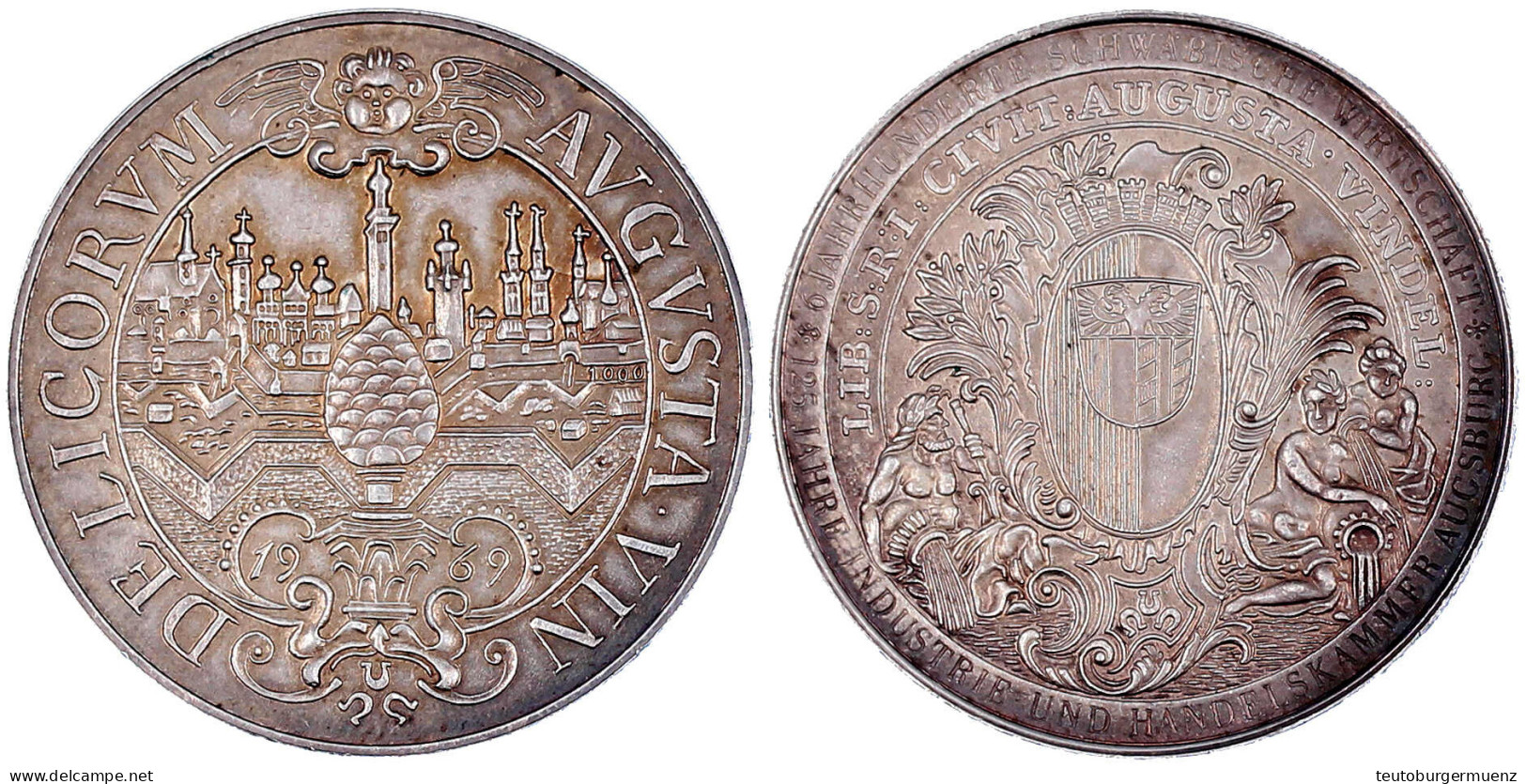 Feinsilbermedaille 1969 Auf Das 125 Jähr. Bestehen Der Industrie- Und Handelskammer. Emblem Mit Flussgöttinnen Und Fluss - Pièces De Monnaie D'or