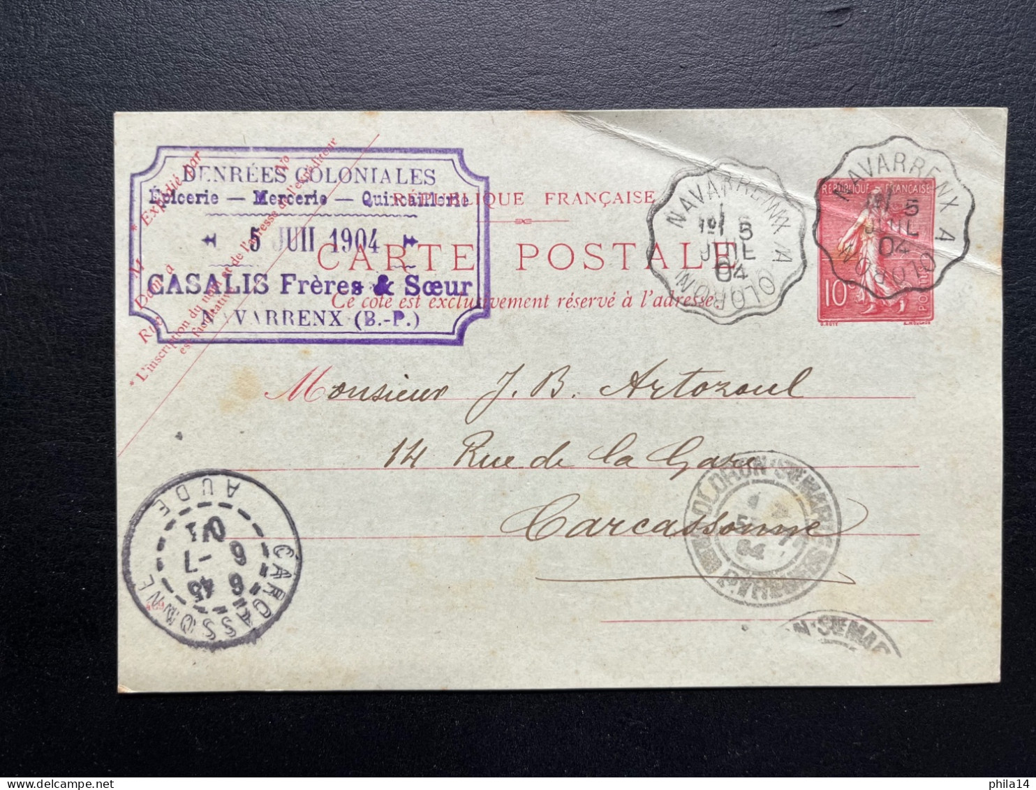 10c SEMEUSE ENTIER CARTE POSTALE / CONVOYEUR NAVARRENX A OLORON / POUR CARCASSONNE AUDE / 1904 - Cartes Précurseurs