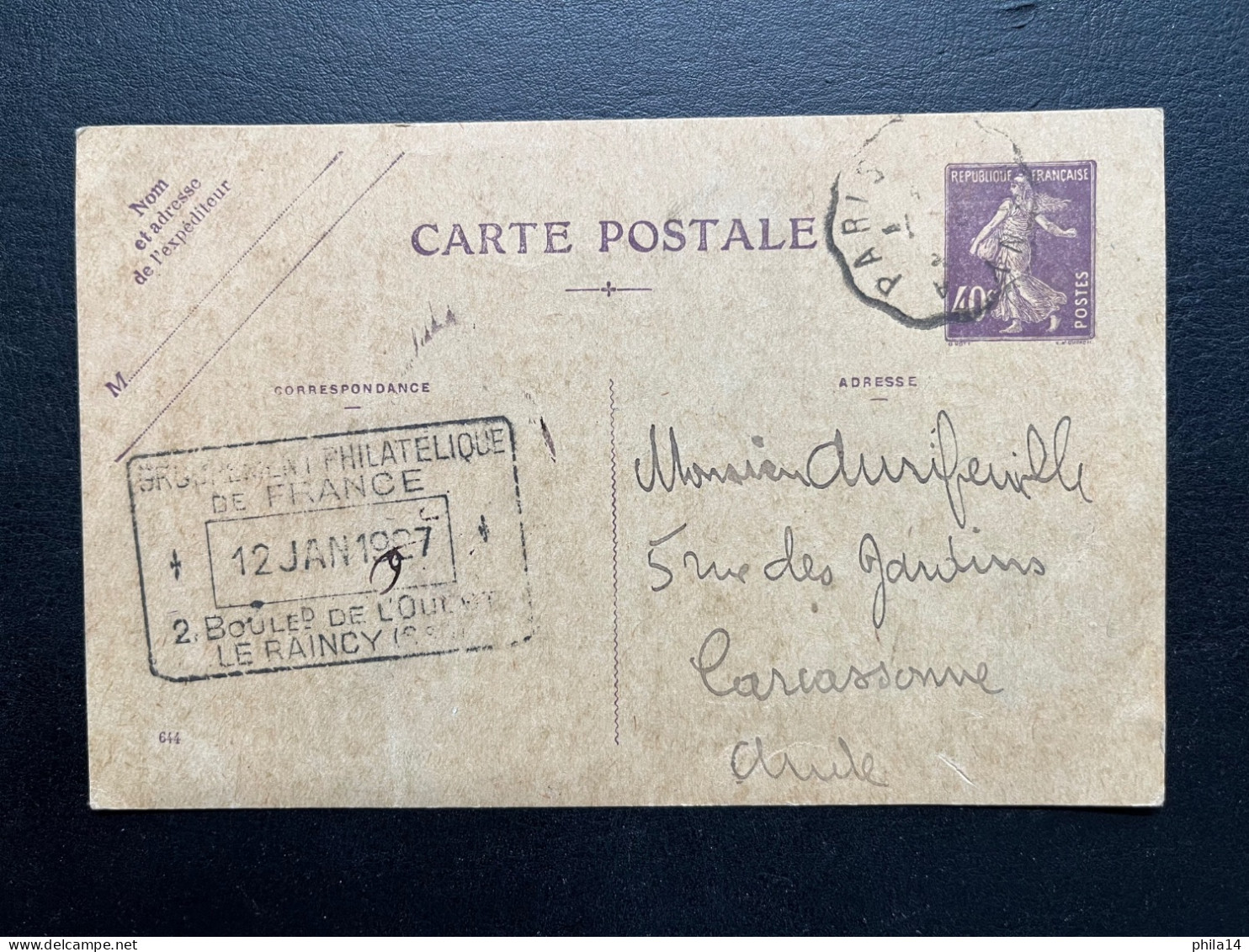 40c SEMEUSE ENTIER CARTE POSTALE / CONVOYEUR PARIS A ? POUR CARCASSONNE AUDE / 1927 - Voorloper Kaarten