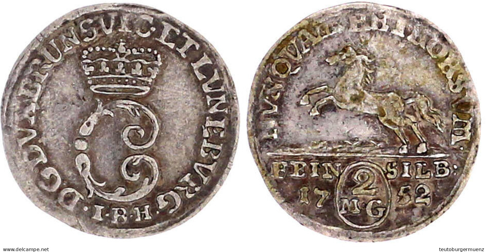 2 Mariengroschen Feinsilber 1752 IBH, Zellerfeld. Gekröntes Monogramm/Springendes Roß. Gutes Vorzüglich, Schöne Patina,  - Gold Coins