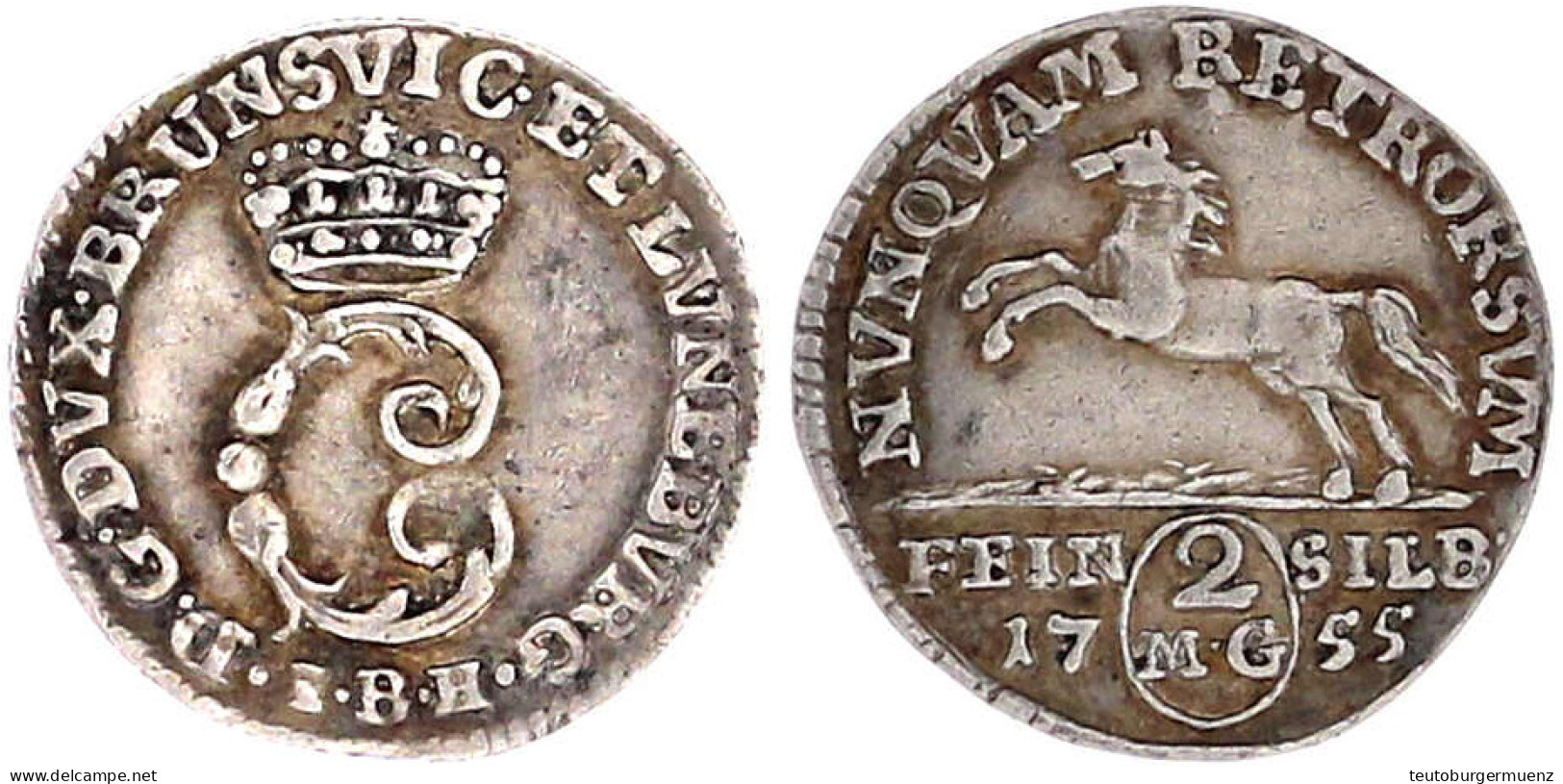 2 Mariengroschen Feinsilber 1755 IBH, Zellerfeld. Gekröntes Monogramm/Springendes Roß. Gutes Vorzüglich, Schöne Patina,  - Gold Coins