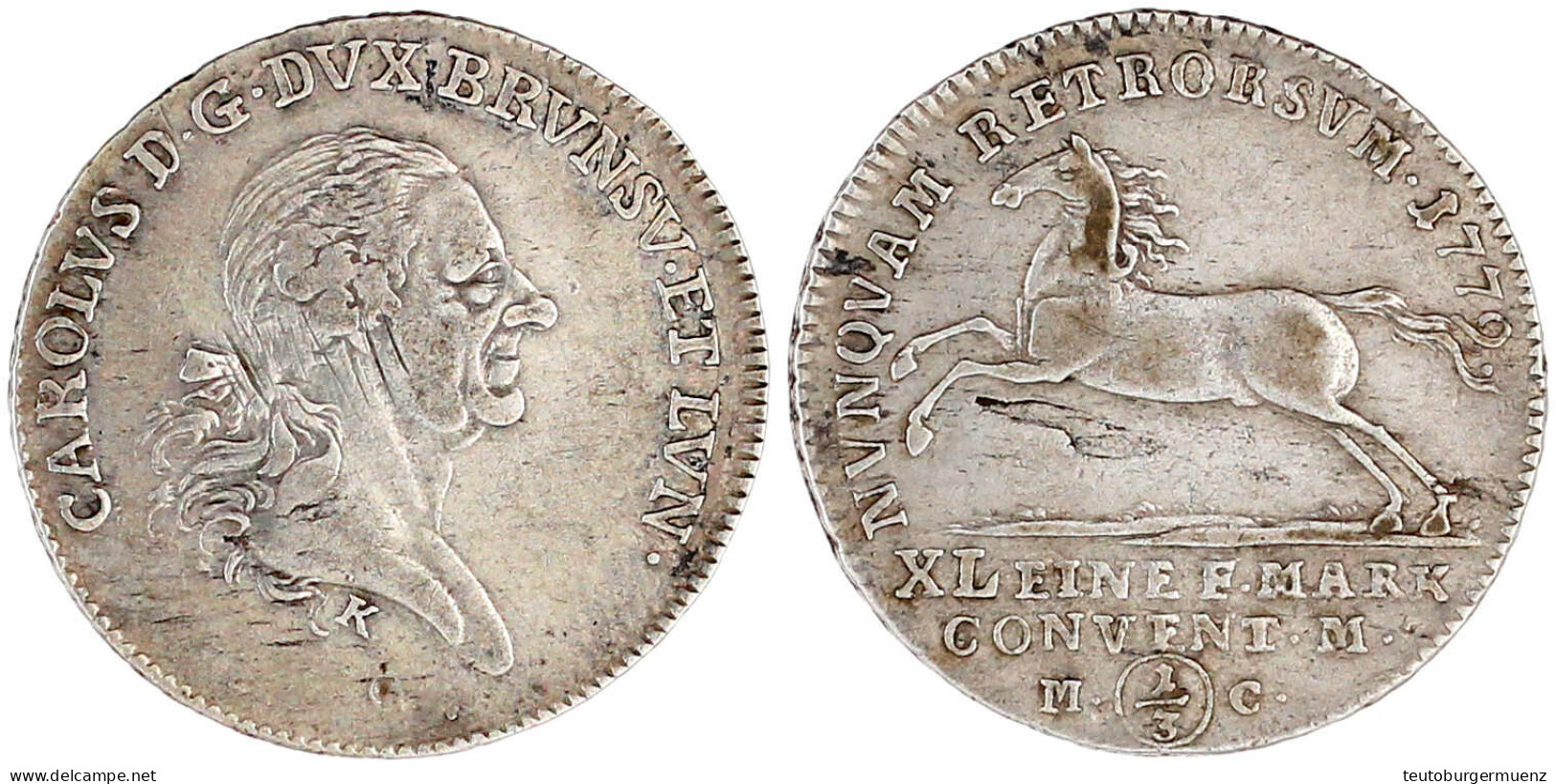 1/3 Taler 1779 M-C, Braunschweig. Geändertes Brb. N.r./Springendes Roß. Sehr Schön, Kl. Schrötlingsfehler, Sehr Selten.  - Monete D'oro