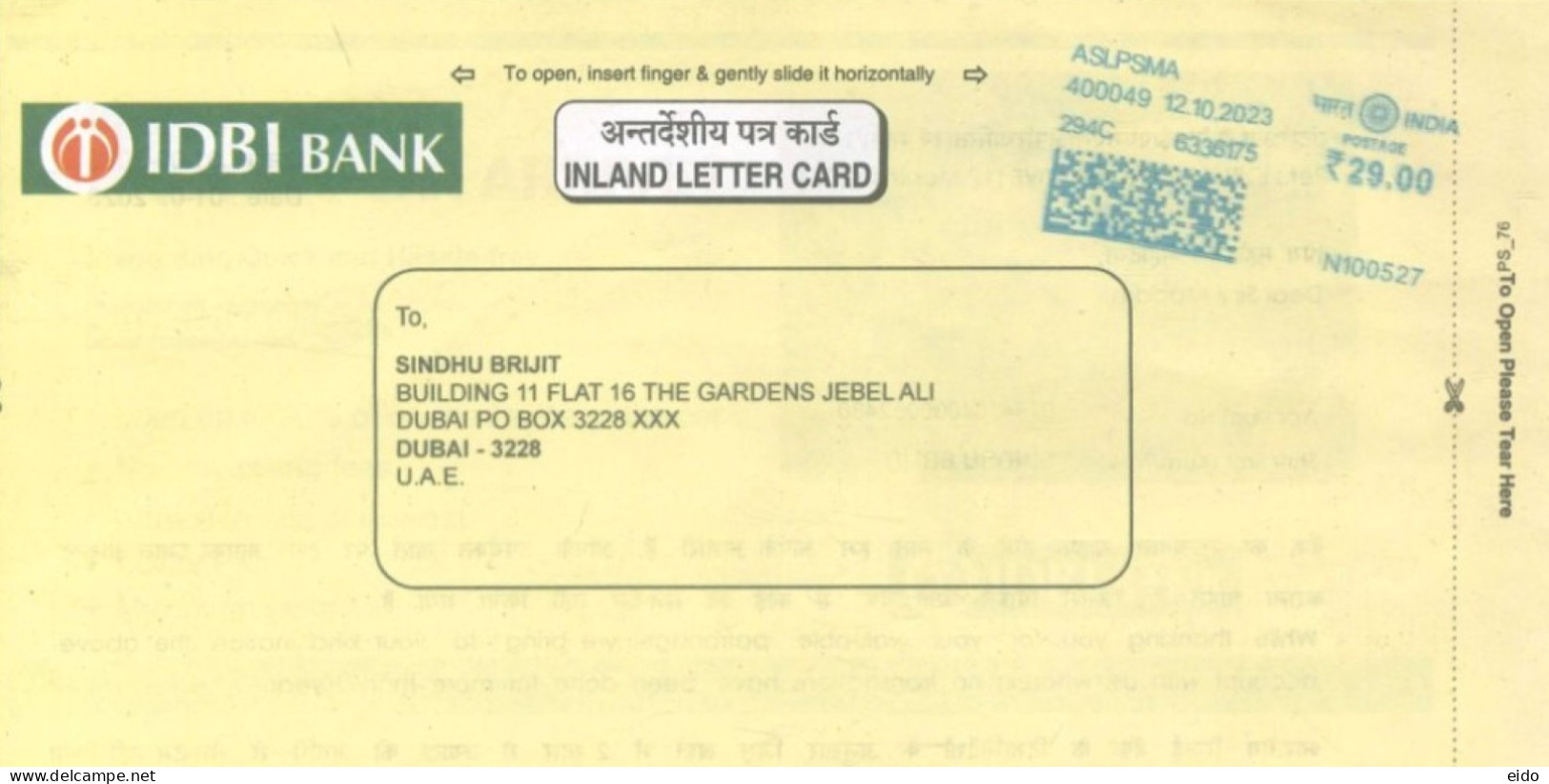 INDIA.  - 2023 - POSTAL FRANKING MACHINE COVER TO DUBAI. - Covers & Documents