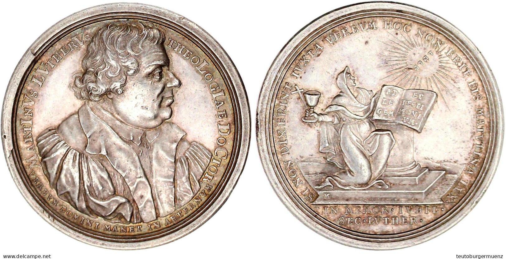 Silbermedaille 1717 V. Vestner Und Müller, A.d. 200 Jf. Der Reformation. Brb. Luther N. R./kniende Religion Mit Kreuz, K - Pièces De Monnaie D'or