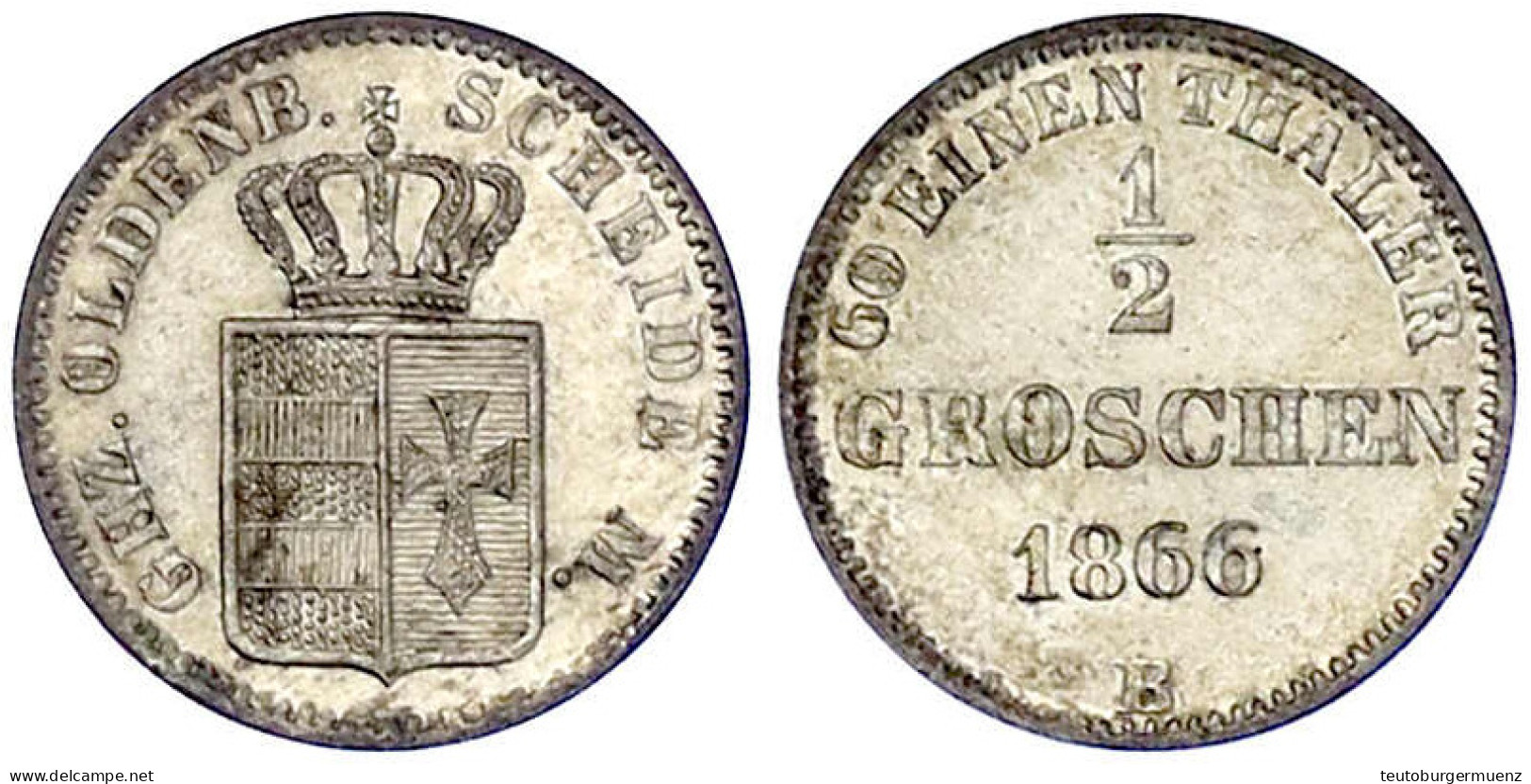 1/2 Groschen 1866 B. Teilweise Kerbrand. Vorzüglich/Stempelglanz. Jaeger 51. AKS 30. - Gold Coins