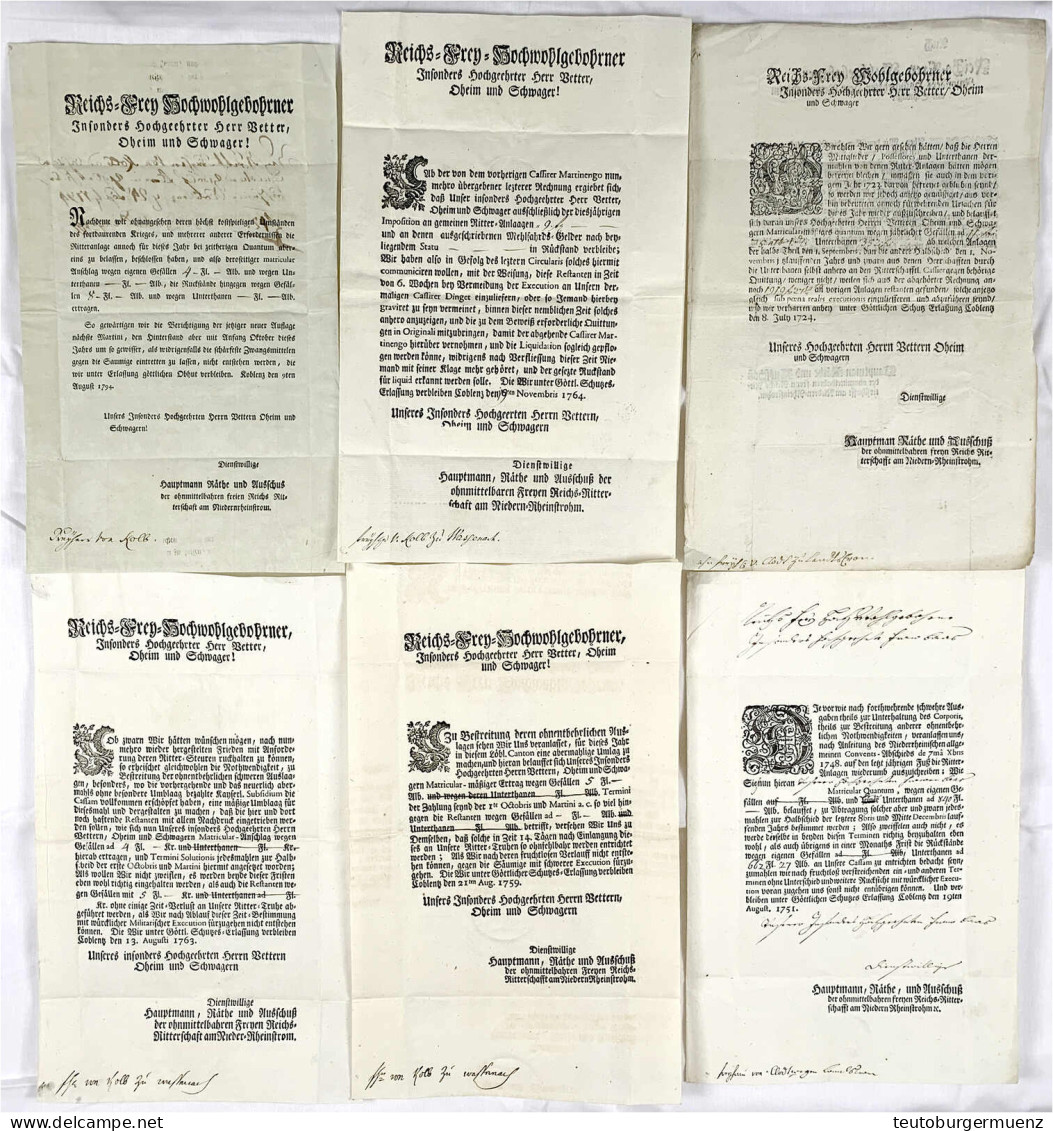 6 Gedruckte Offizielle Schreiben Aus Coblenz Der Jahre 1724, 1751, 1759, 1763, 1764 Und 1794, Alle Betreffs Säumiger Ste - Monete D'oro