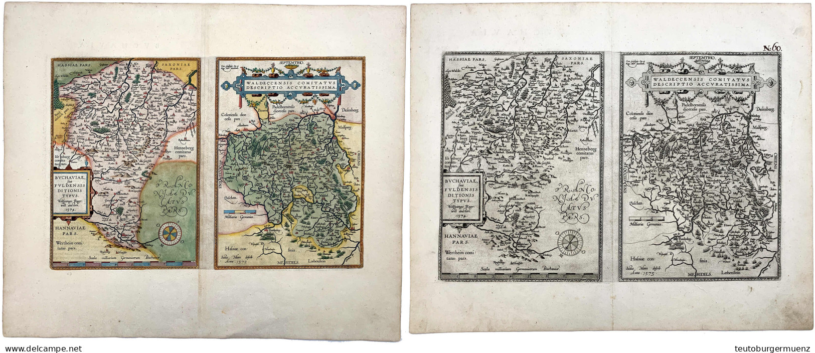 2 "doppelte" Holzschnittkarten 1574/1575 Von Wolfgang Regerwill Und Justus Moers. Fulda Und Waldeck. 58,5 X 49,5 Cm. Ein - Pièces De Monnaie D'or