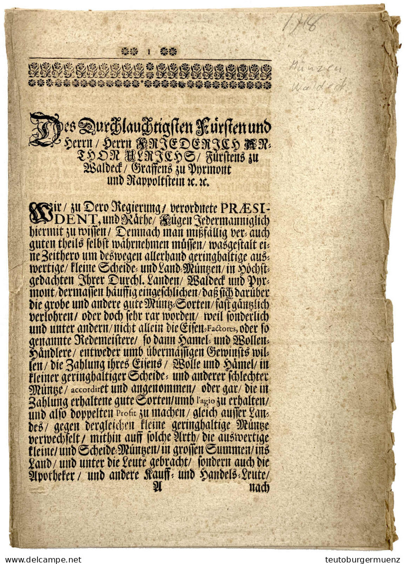 Münzverruf, Mengeringhausen, 3. März 1718. Doppelbogen Von Insgesamt 8 Seiten. III, Einriss, Faltungen - Pièces De Monnaie D'or