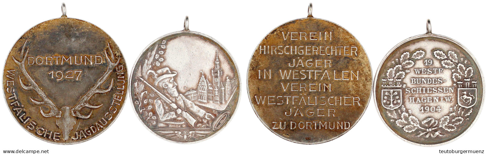 2 Tragbare Silbermedaillen: Verein Hirschgerechter Jäger Dortmund 1927, 43 Mm, 31,65 G; 19. Westf. Bundesschiessen Hagen - Pièces De Monnaie D'or