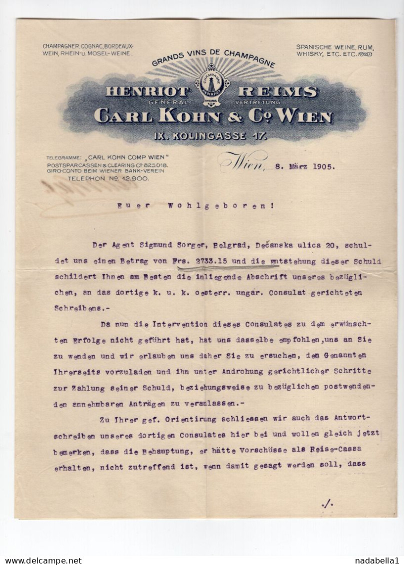 1905. AUSTRIA,VIENNA,CARL KOHN & CO,VINE AND CHAMPAGNE IMPORTERS LETTERHEAD,INVOICE TO BELGRADE,SERBIA - Österreich