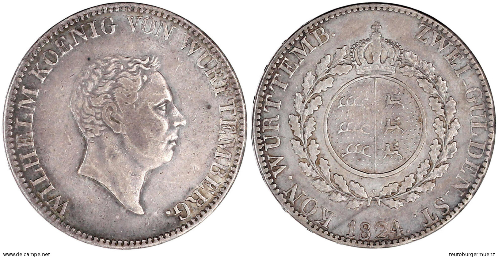 Doppelgulden 1824 W. Mit Punkt Hinter W Und Ohne Mmz. P.B. Fast Sehr Schön, Selten. Jaeger 49. Thun 431. AKS 73. - Pièces De Monnaie D'or