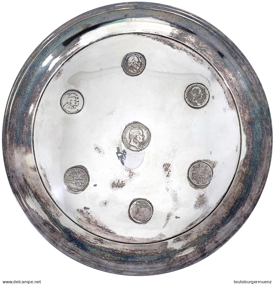 Silbertablett (ungepunzt) Mit 7 Eingearbeiteten Münzen: Preussen Doppeltaler 1841, Taler 1815, Krönungstaler 1861, Siege - Autres & Non Classés