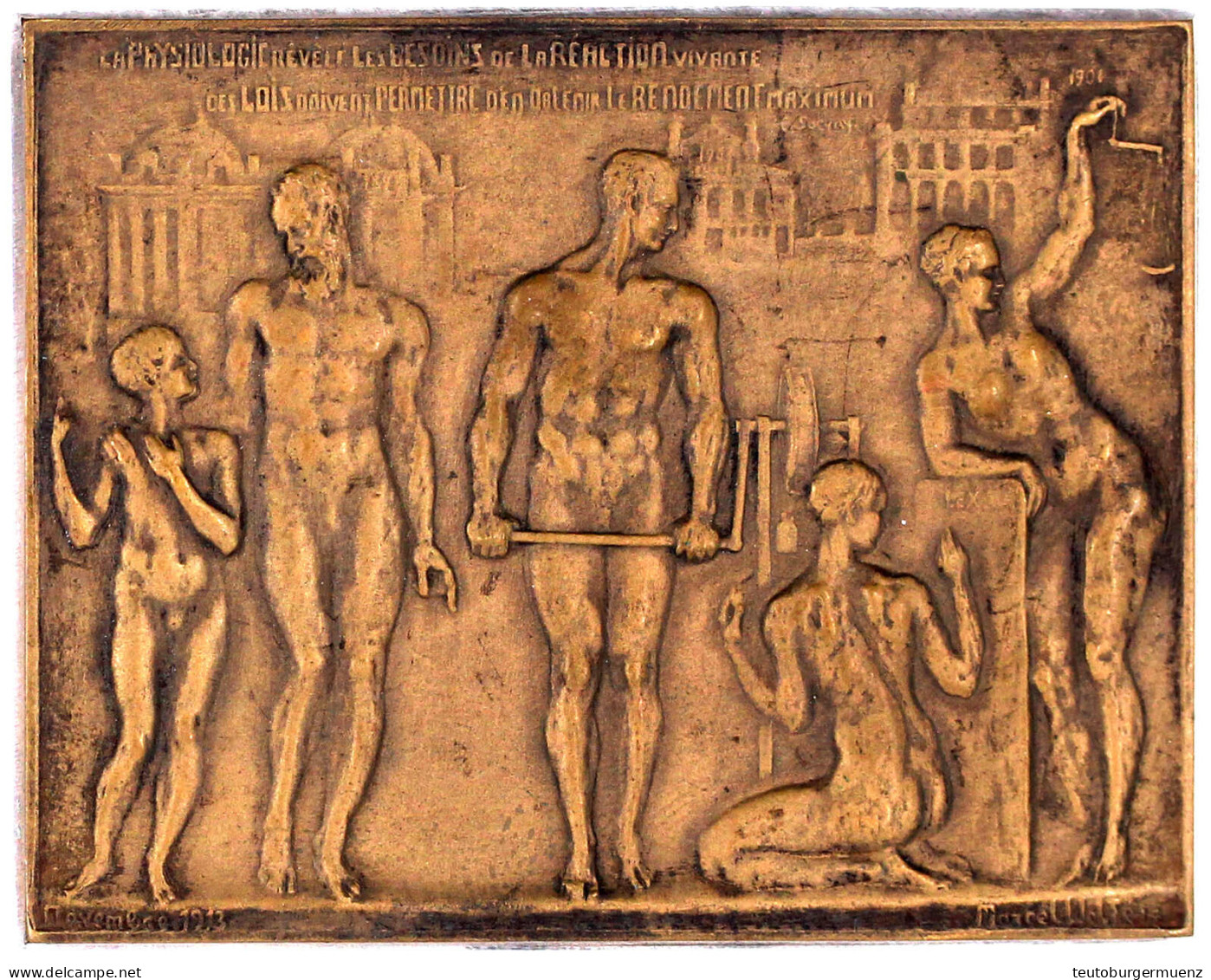 Einseitige, Rechteckige Bronzeplakette November 1913, Von Marcel Wolfe. Sokrates-Zitat über Gruppe Nackter Personen Vor  - Non Classés
