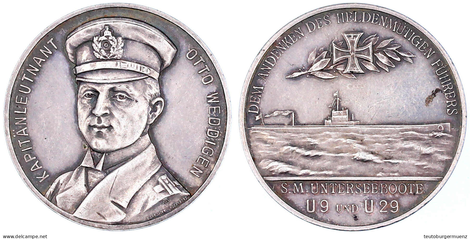 Silbermedaille O.J. V. Lauer, Auf Kapitänleutnant Otto Weddigen Und Die Unterseeboote U9 Und U29. 33 Mm; 17,96 G. Vorzüg - Autres & Non Classés