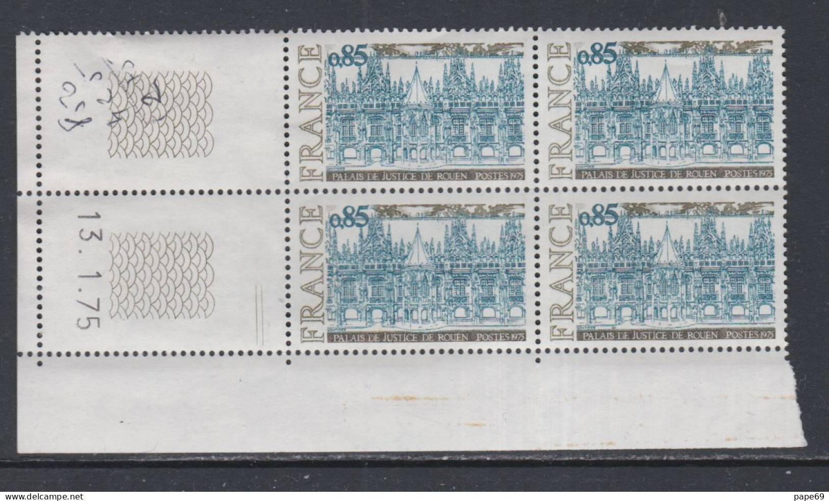 France N° 1806 XX Palais De Justice De Rouen En Bloc De 4 Coin Daté Du 13 . 1 . 75 ; 2 Traits, Sans Charnière, TB - 1970-1979