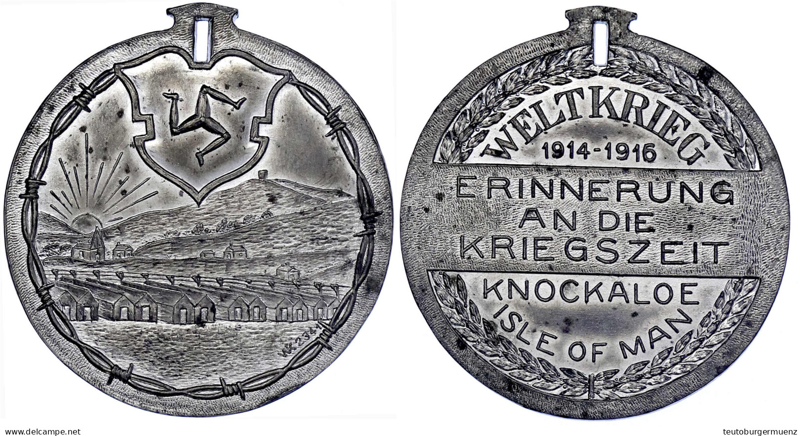 Tragb. Zinnmedaille 1916. Erinnerung An Die Kriegszeit Knockaloe Isle Of Man/Gefangenenlager Mit Barracks, Umgeben Von S - Andere & Zonder Classificatie