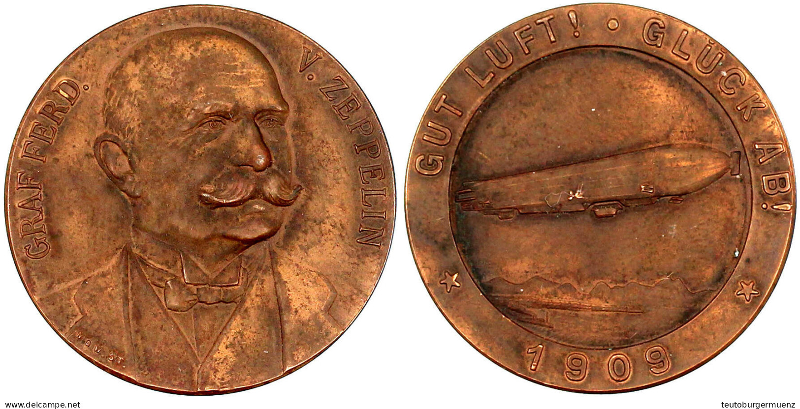 Bronzemedaille 1909 V. Mayer U. Wilhelm, Stgt., A. Graf Zeppelin. Brb. V.v./Zeppelin. 33 Mm Vorzüglich, Mattiert. Kaiser - Andere & Zonder Classificatie