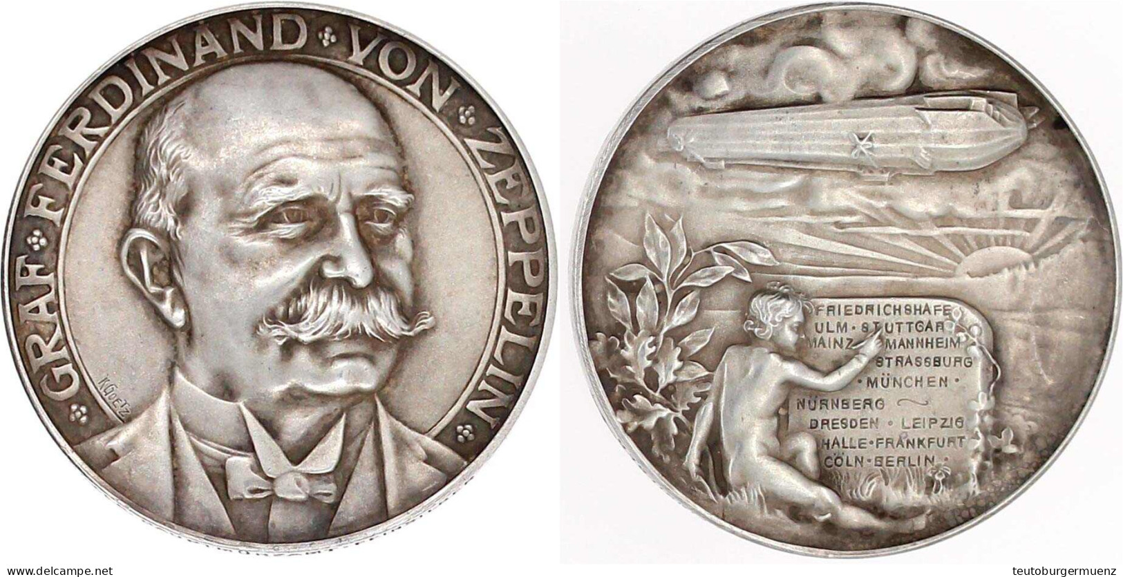 Silbermedaille Von Karl Goetz O.J. (1909) A.d. Distanzfahrt Des Grafen Zeppelin Mit Dem Luftschiff Von Friedrichshafen N - Other & Unclassified