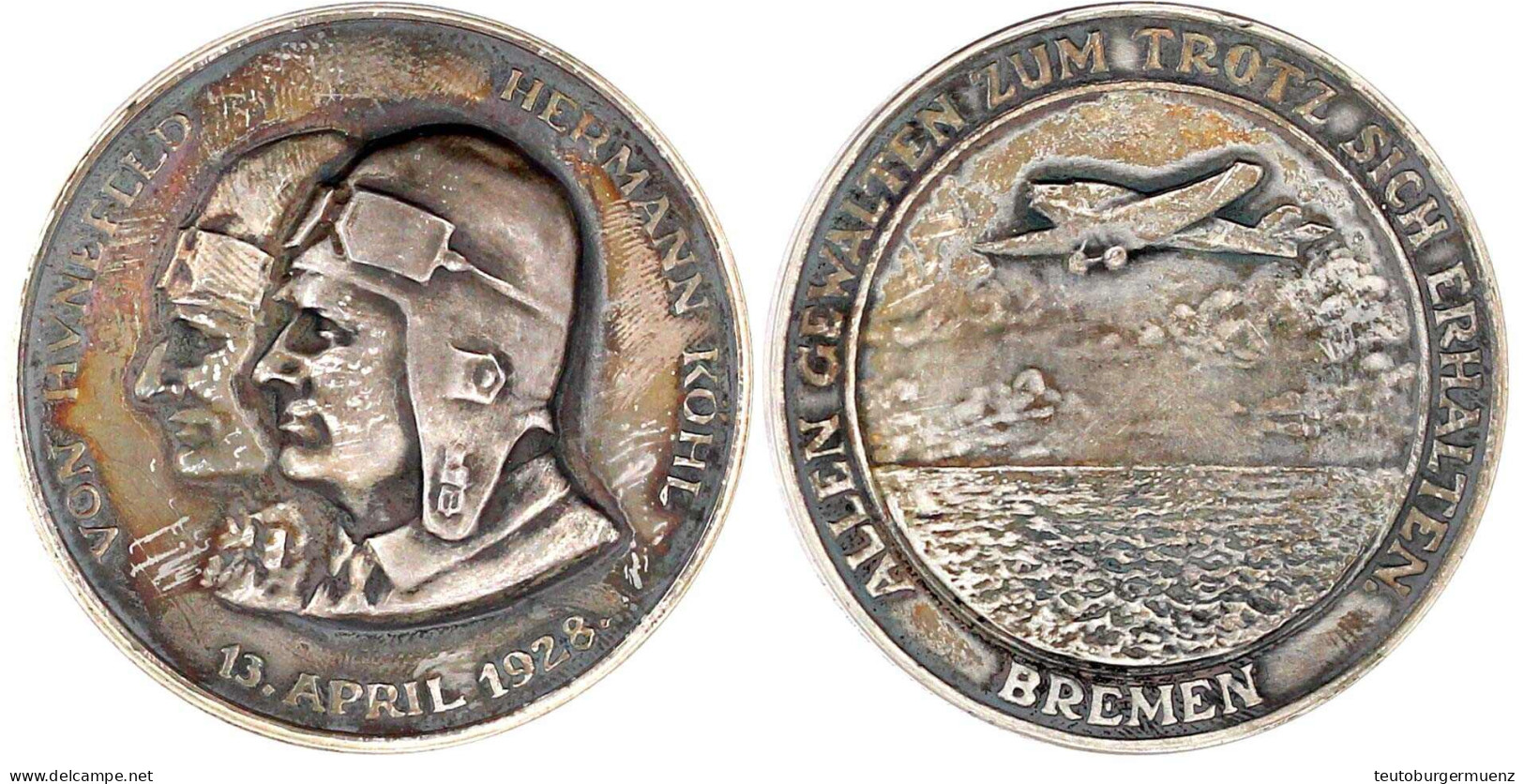 Silbermedaille 1928, Des Bayr. Hauptmünzamtes. Auf Den 1. Ost-West-Atlantikflug. Das Flugzeug Bremen über Dem Meer/Brb.  - Sonstige & Ohne Zuordnung