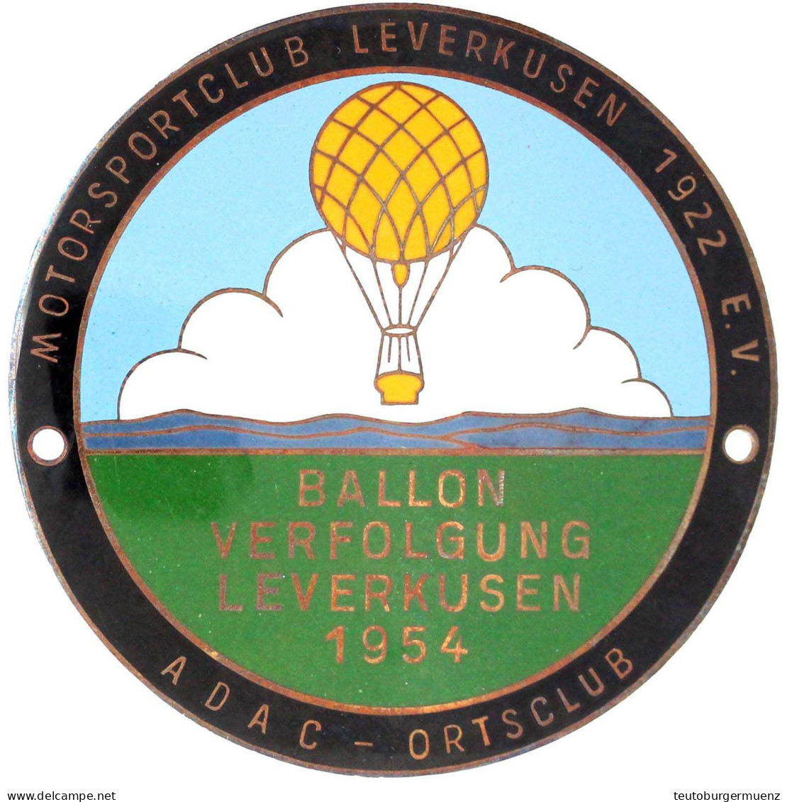 Emaillierte Bronze-Kühlerplakette Des ADAC-Ortsclub Leverkusen Auf Die Ballonverfolgung 1954, V. F. Hoffstätter/Bonn. 73 - Other & Unclassified