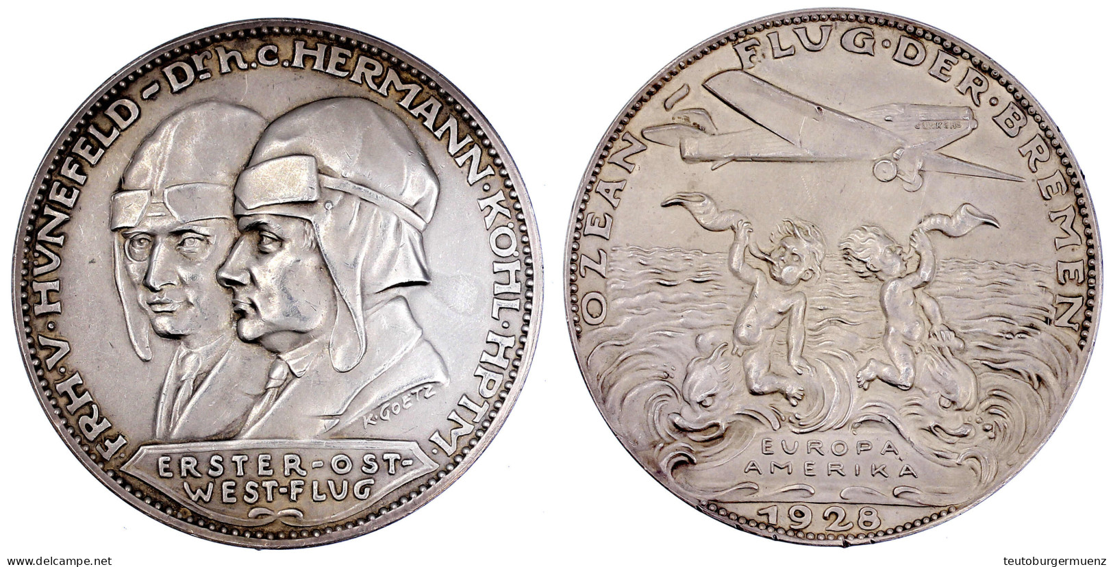 Silbermedaille 1928, 1. Europa-Amerikaflug In Ost-Westrichtung/Hünefeld, Köhl, 60 Mm, 42,69 G. Vorzüglich, Mattiert, Sel - Andere & Zonder Classificatie