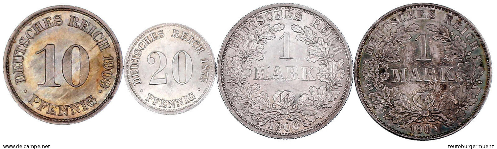 4 Münzen In Top-Erhaltung: 10 Pfennig 1909 J, 20 Pfennig 1875 J, 1 Mark 1906 F, 1907 G. Vorzüglich/Stempelglanz Und Bess - Sonstige & Ohne Zuordnung