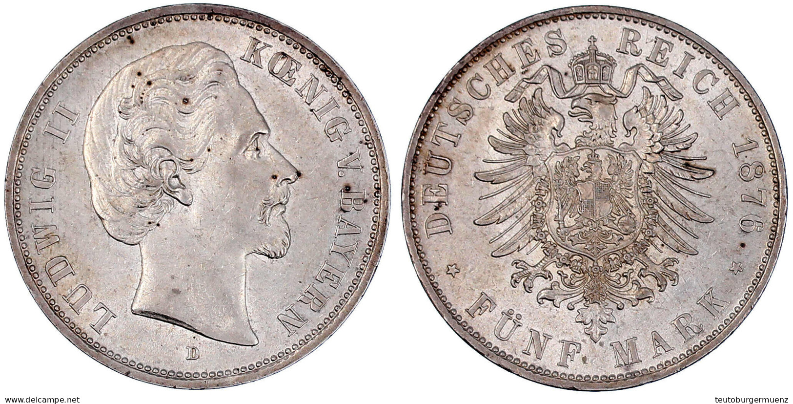 5 Mark 1876 D. Vorzüglich/Stempelglanz. Jaeger 42. - Sonstige & Ohne Zuordnung