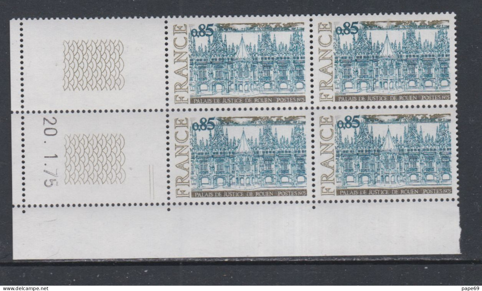 France N° 1806 XX Palais De Justice De Rouen En Bloc De 4 Coin Daté Du 20 . 1 . 75 ; 2 Traits, Sans Charnière, TB - 1970-1979