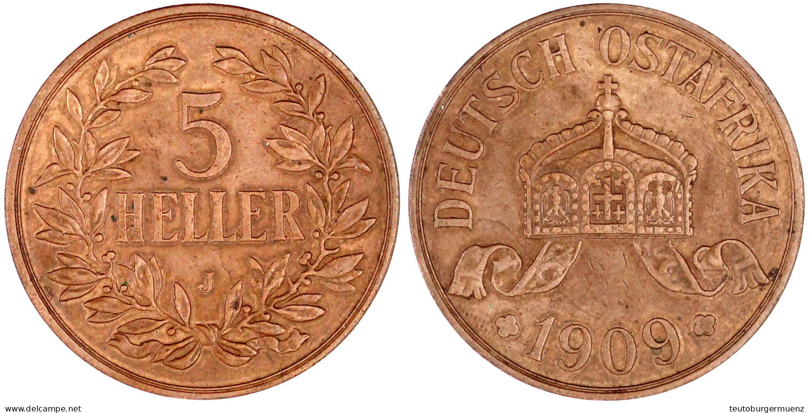 5 Heller 1909 J. Größte Deutsche Kupfermünze. Vorzüglich, Min. Kratzer. Jaeger N 717. - Deutsch-Ostafrika