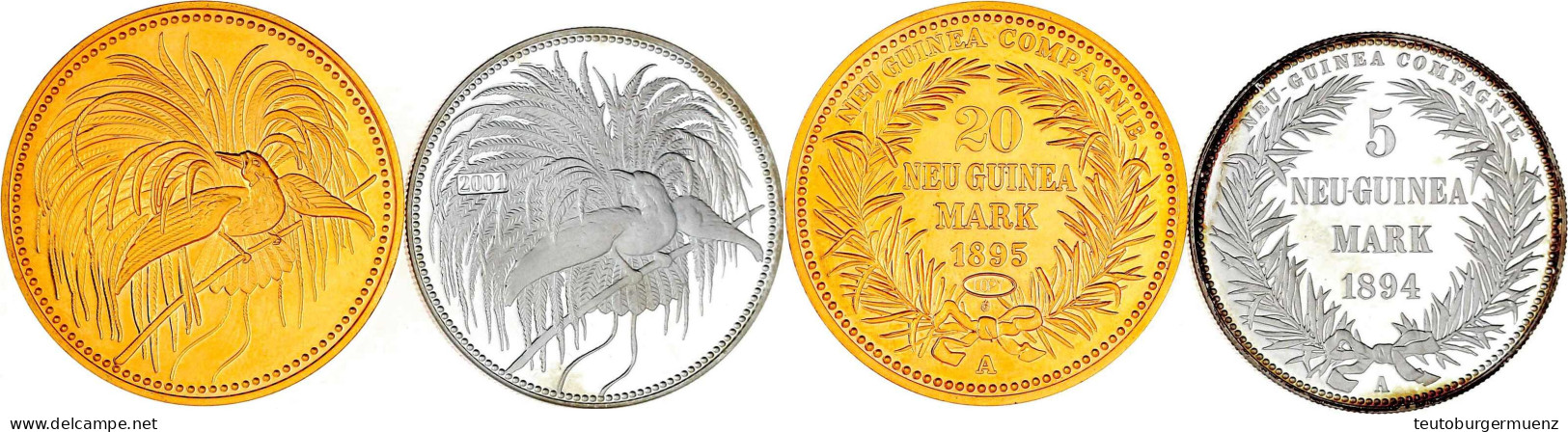 2 Neuprägungen: 5 Mark 1895/2001 Feinsilber In Originalgröße Und 20 Mark 1895 (Copy) In 5 Mark-Größe (CuNi Vergoldet). B - Nueva Guinea Alemana