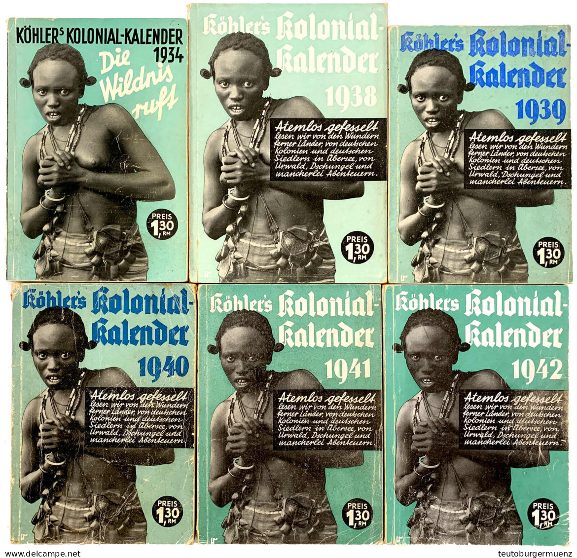 6 Bücher: Köhlers Kolonialkalender, Jahrgänge 1934, 1938, 1939, 1940, 1941 Und 1942. Jeweils Um Die 220 Seiten. Alle Bro - Sonstige & Ohne Zuordnung