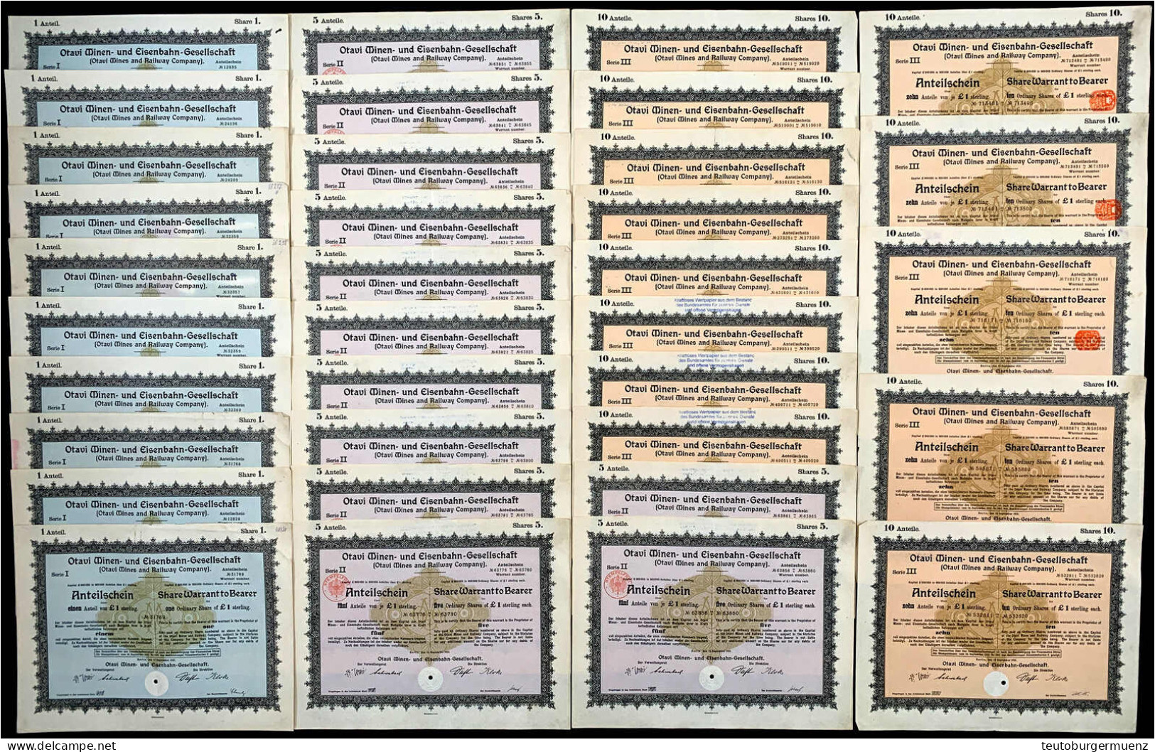 30 Anteilscheine, Berlin 12.9.1921, über 9 X 1, 9 X 5 Und 12 X 10 Anteile Von Je 1 Pfund Sterling Der Otavi Minen- Und E - Other & Unclassified