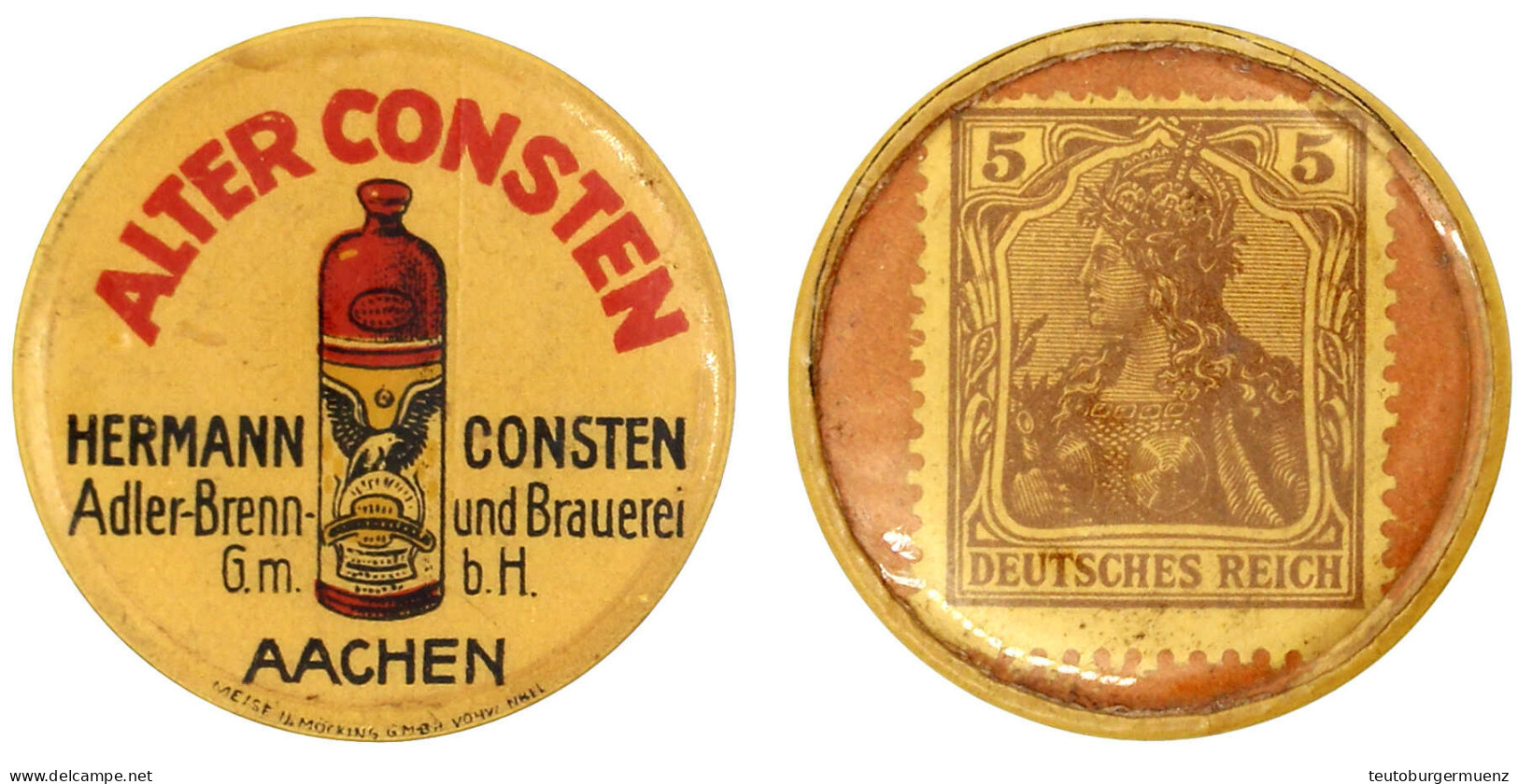 Briefmarkenkapselgeld, Alter Consten Hermann Consten... O. J. Plastikhülle Mit 5 Pf. Germania, MUG Rot. Vorzüglich, Sehr - Autres & Non Classés