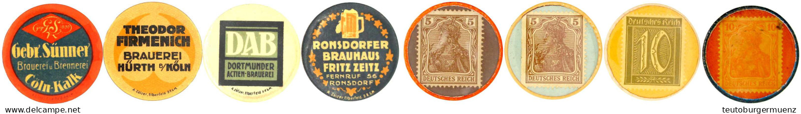 4 Stück: Brauereimarken O.J. 2 X 5 Pf. Gebr. Sünner Cöln-Kalk Und Theodor Firmenich Brauerei Hürth, 2 X 10 Pf. DAB Dortm - Other & Unclassified