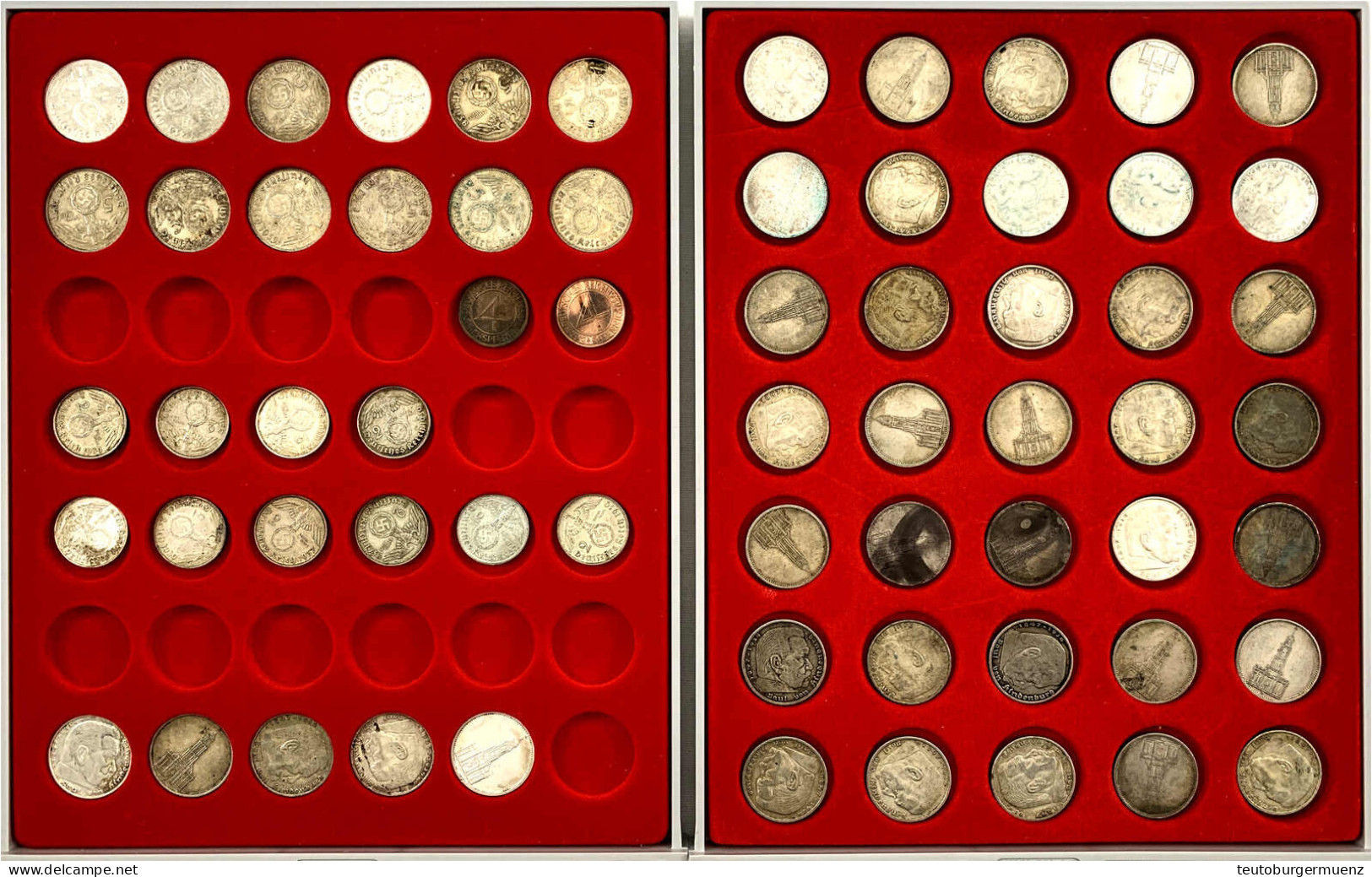 2 Lindner-Schuber Mit 64 Münzen: 40 X 5 Mark Hindenburg Und Kirche (J. 360/357), 12 X 5 Mark M. Hk. (J. 367), 10 X 2 Mar - Andere & Zonder Classificatie