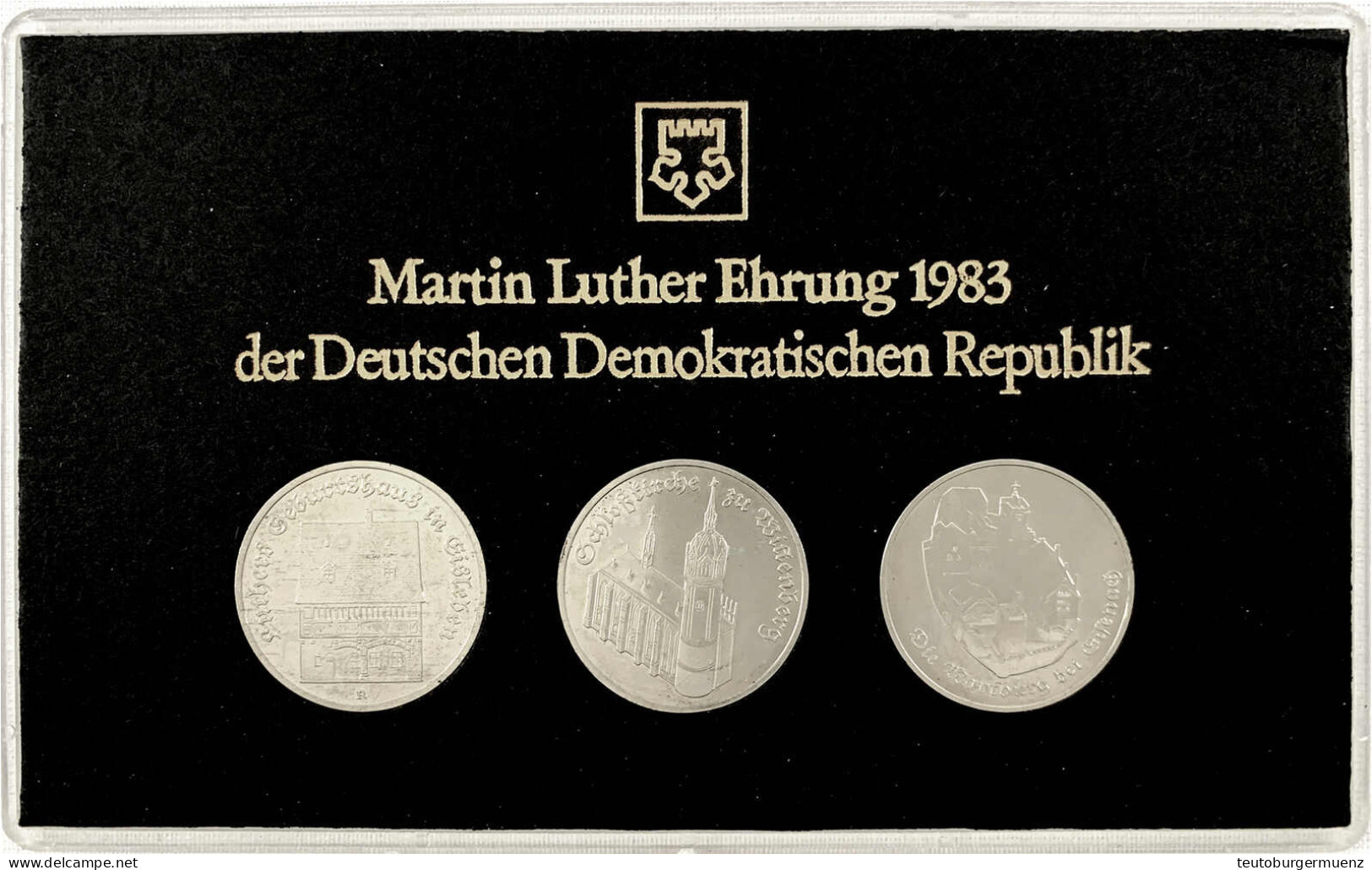 Themensatz Martin-Luther-Ehrung: 5 Mark 1983 Schloßkirche, Wartburg 1983 Und Luthers Geburtshaus 1983 In Hartplastik Mit - Other & Unclassified