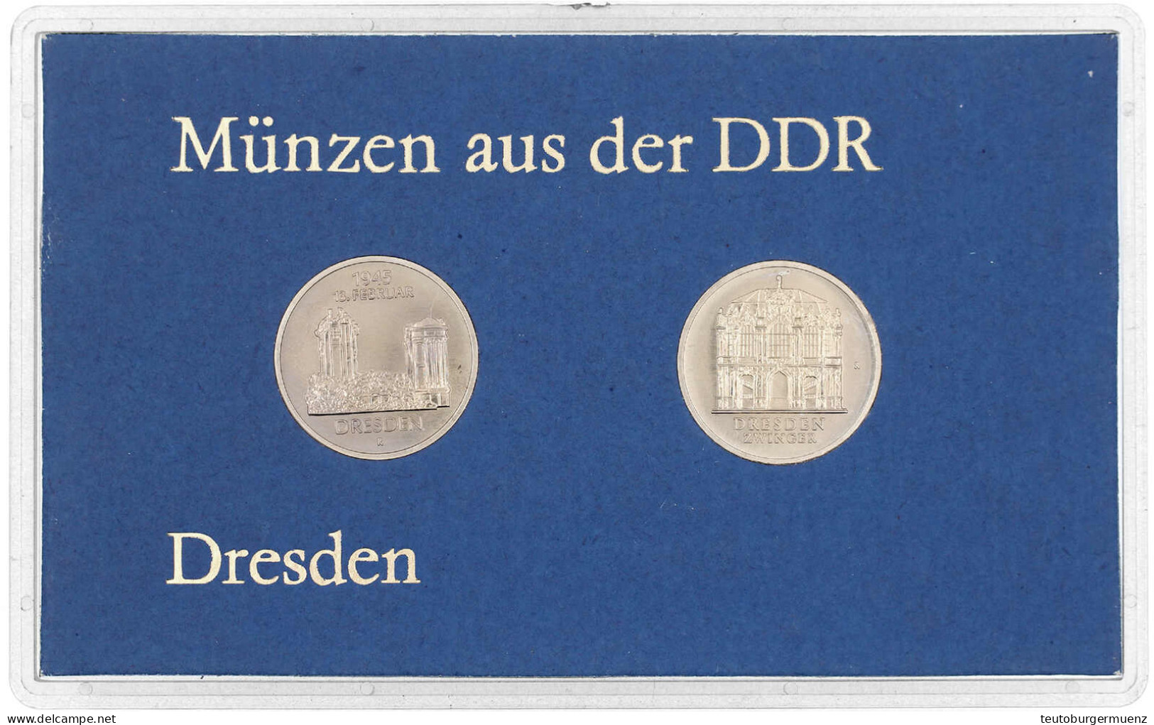Themensatz: "Dresden"" Mit 5 Mark 1985 Frauenkirche Und Zwinger. In Hartplastik Mit Blauem Inlett. Original VEB. Stempel - Andere & Zonder Classificatie