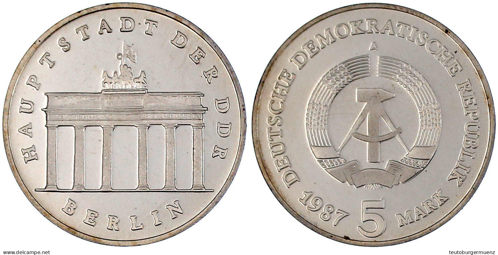 5 Mark 1987 A, Brandenburger Tor. Polierte Platte, Offen In Kapsel. Jaeger 1536. - Autres & Non Classés