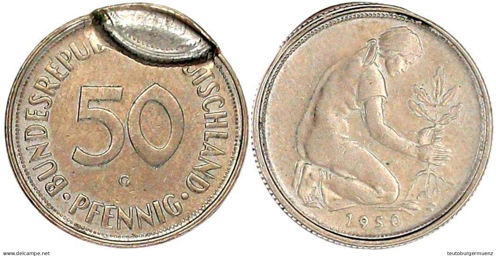 50 Pfennig 1950 G, Mit Eins. Teilprägung Einer Zweiten Münze. Entstanden Durch Nicht Kompletten Auswurf Der Vorherigen P - Andere & Zonder Classificatie