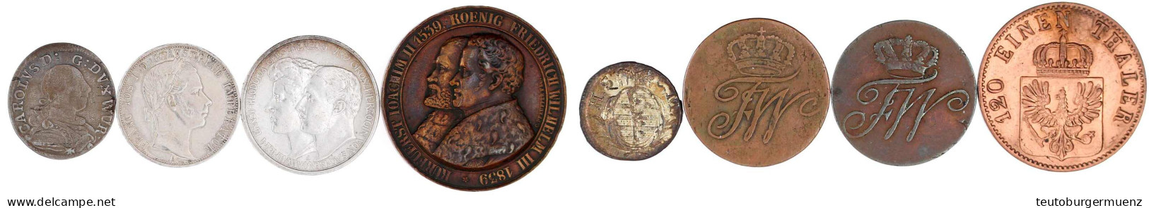 8 Stück: Preussen Pfennig 1799 A, Schilling 1797 E, 3 Pf. 1864 A, Bronzemed. 1839 Reformationsjub., Sachsen-Coburg-Meini - Andere & Zonder Classificatie