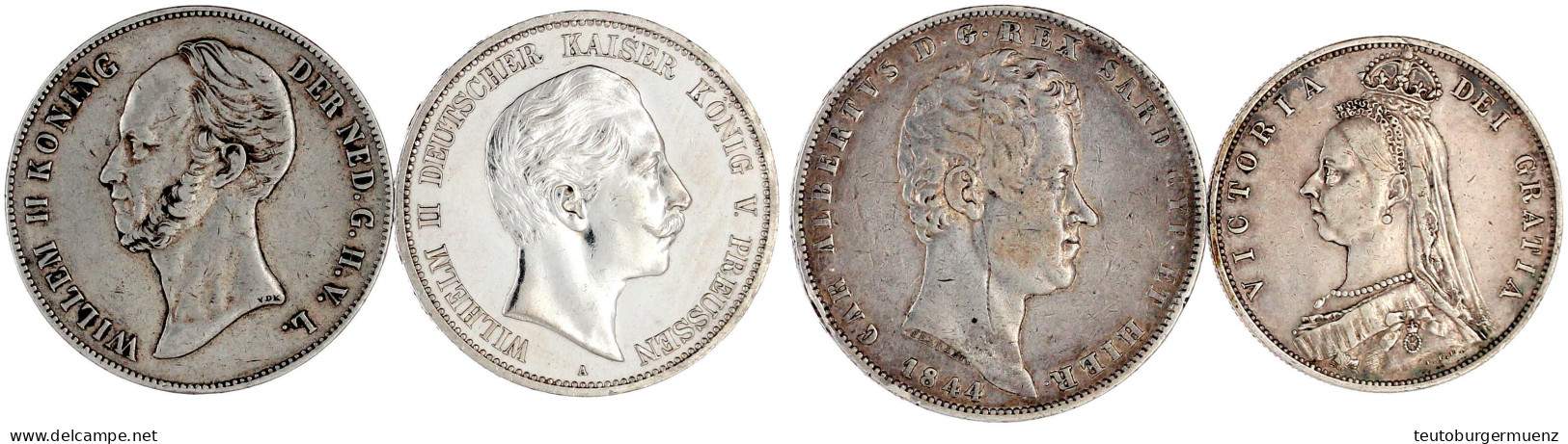 4 Silbermünzen: Preussen 5 Mark 1908 (vz, Berieben), Niederlande 2 1/2 Gulden 1847, Italien Sardinien 5 Lire 1844, Großb - Other - Europe