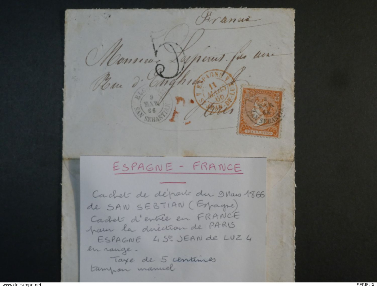 DL 8 ESPAGNE  BELLE LETTRE 1866 SAN SEBASTIAN A PARIS   +VU BEHR.DISPERSION COLLECTION+++ - Covers & Documents