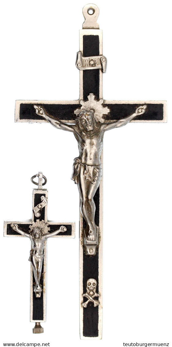 2 Kreuze: Tragkreuz Metall Mit Ebenholz-Einlagen, 15,5 X 7 Cm; Desgl. Aufschraubbar/klappbar Mit Inliegenden Reliquien D - Religieuze Kunst