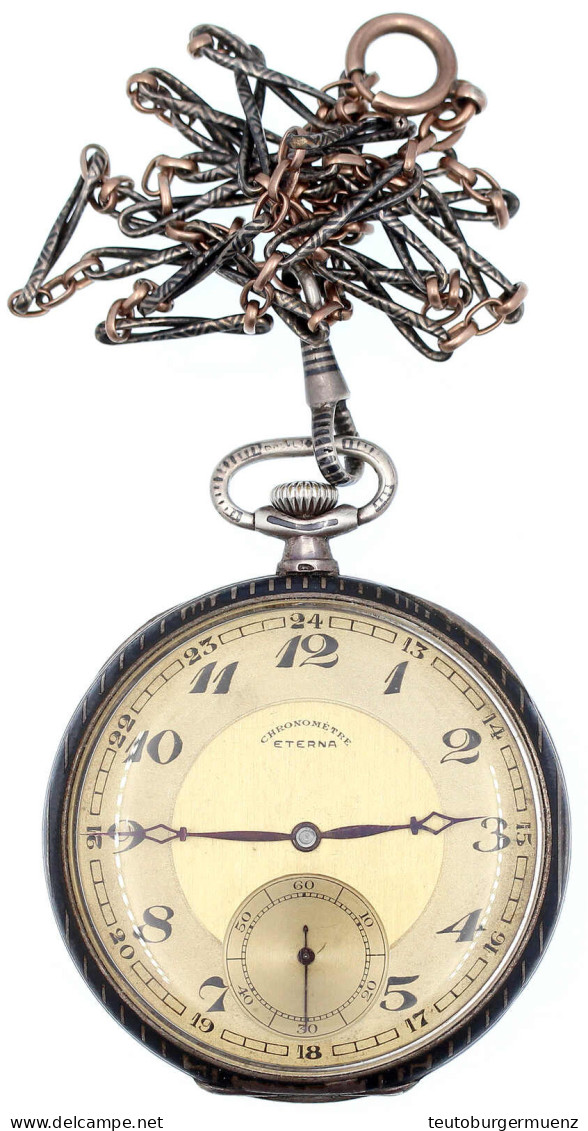 Herrentaschenuhr ETERNA CHRONOMETRE, Silber 900/1000 Im Niellodesign, 47 Mm, Mit Passender Kette, Länge 53 Cm. Gesamtgew - Autres & Non Classés