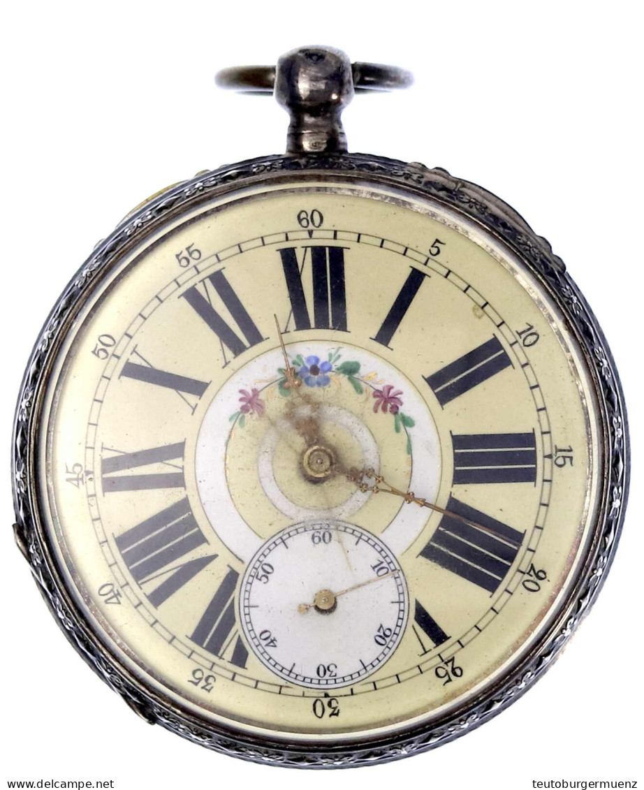 Alpenländische Herrentaschenuhr, Vor 1886. Silbergehäuse (ohne Gehaltspunze, Herstellerangabe Ligiertes AV). Hundegravur - Otros & Sin Clasificación