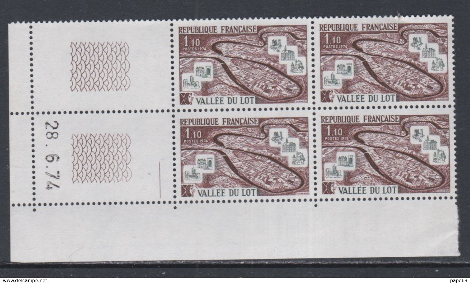 France N° 1807 XX La Vallée Du Lot En Bloc De 4 Coin Daté Du 28 . 6 . 74  ;  1 Trait, Sans Charnière, TB - 1970-1979