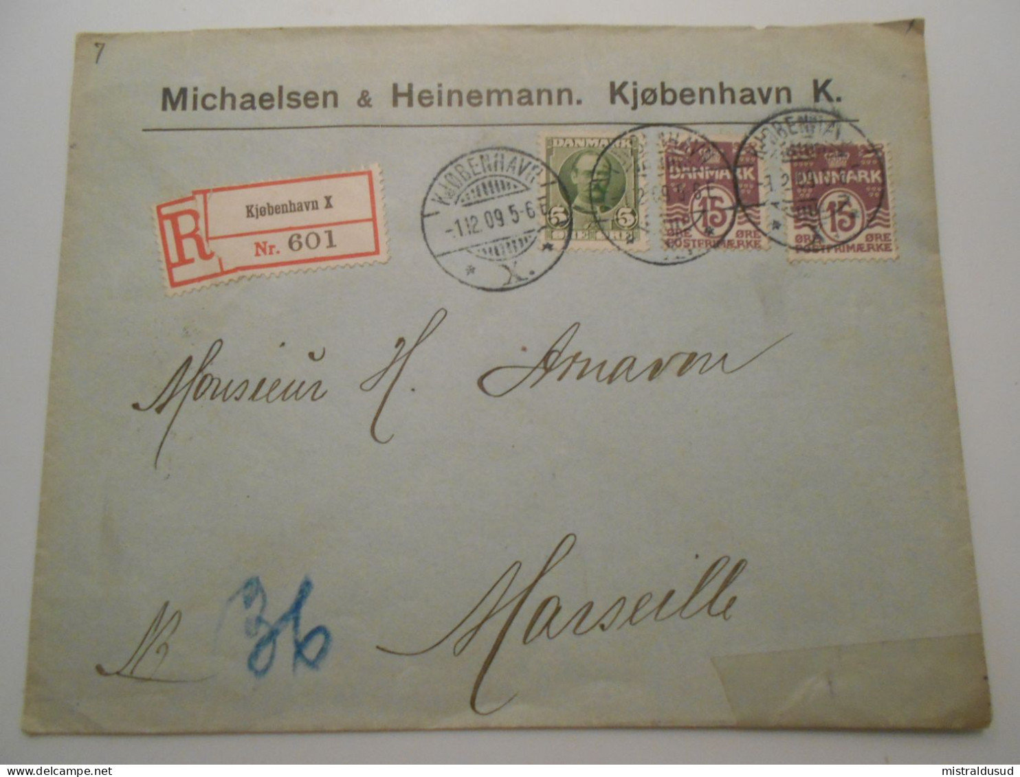 Danemark , Lettre Recommandee De Kjobenhavn 1909 Pour Marseille - Briefe U. Dokumente